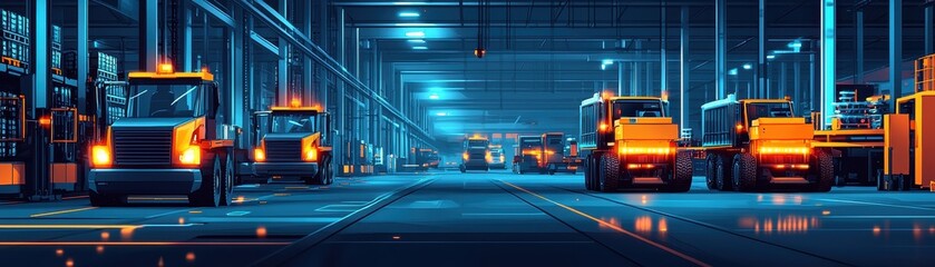 Futuristic Warehouse Scene with Heavy Machinery and Bright Lights at Night