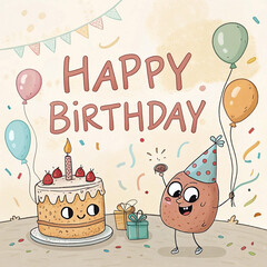 Festive potato birthday card with cake, balloons, and confetti