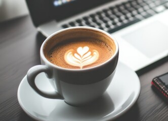 Aromatic Latte Art: Coffee Break Beside Laptop