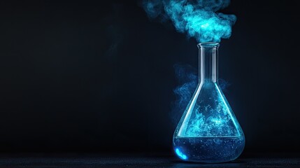 A beaker with a bubbling neon-blue liquid emitting vapor, placed on a sleek black background. Copy space.