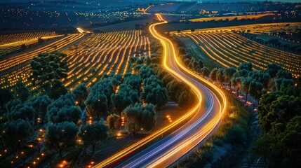Night Lights Highway Winding Through Illuminated Fields