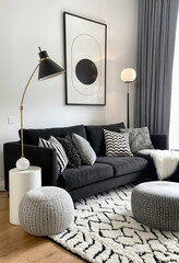 living room with grey couch and modern stand lamp