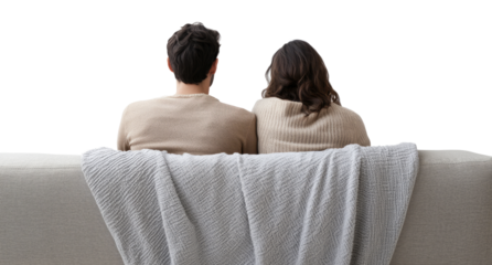 Couple sitting on couch, back view on transparent background