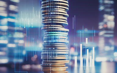 coins on the background of a metropolis, business finance concept