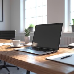 Fototapeta premium Modern Office Workspace with Laptop and Coffee