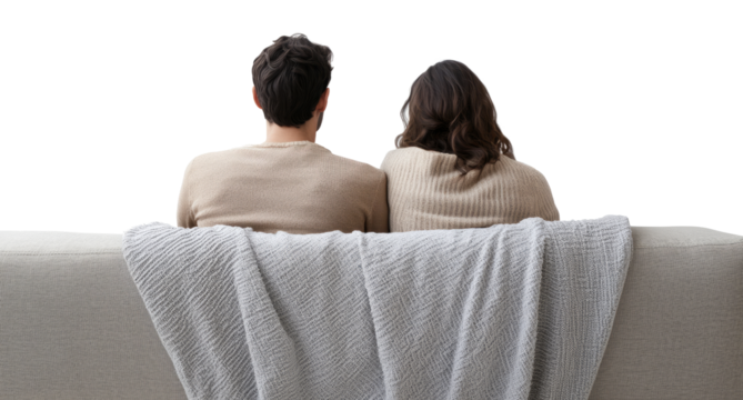 Couple sitting on couch, back view on transparent background