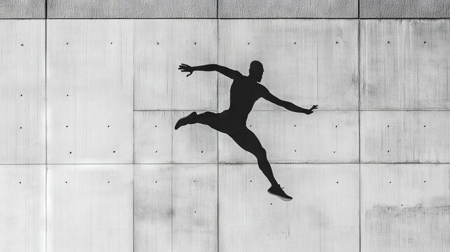 modern sports photography, airborne athlete, stark shadow projection, clean concrete texture, athletic performance capture, minimalist design aesthetic, dynamic body position