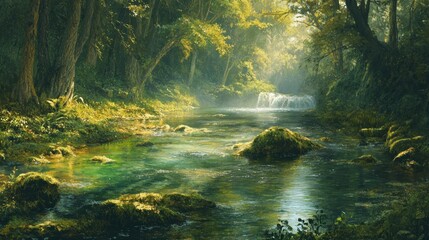 Fototapeta premium Enchanted Forest River: Serene Waterfall and Lush Greenery