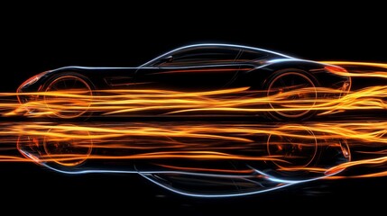 speed light painting, luxury vehicle profile, glowing orange trails, black car reflection, abstract motion lines, modern automotive aesthetic, dramatic lighting effects