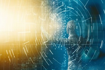 Naklejka premium Ai brain evolving from geometric shapes surrounded by streams of data and digital particles