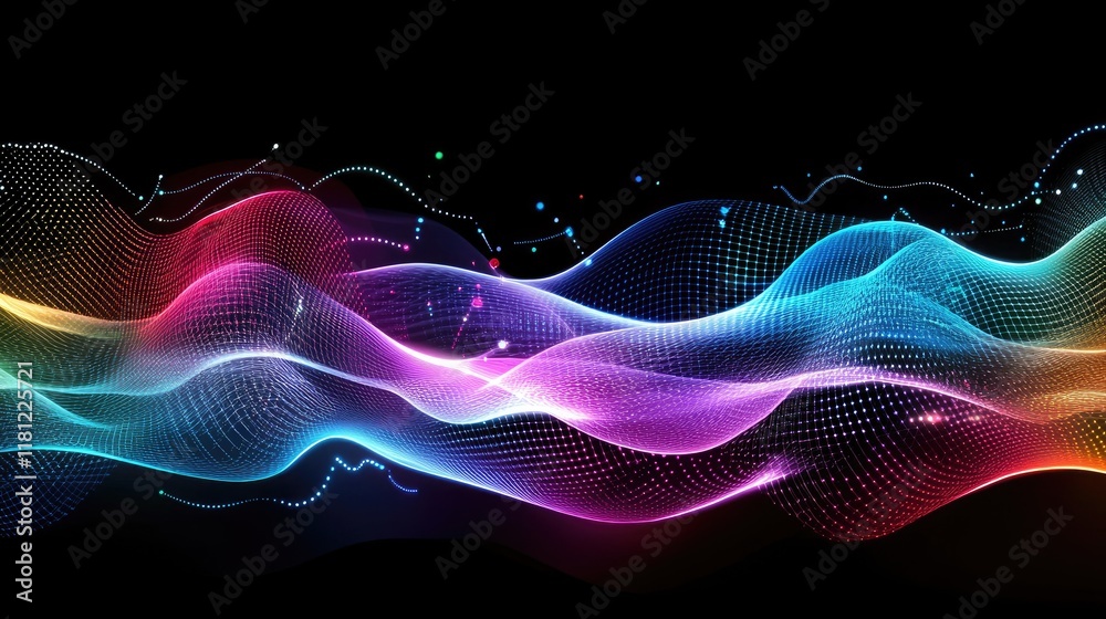 Fototapete A futuristic depiction of floating glowing grids merging with colorful data streams. Copy space.
