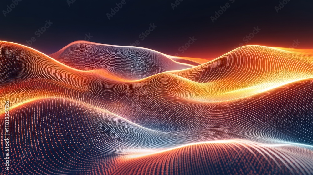 Fototapete A futuristic depiction of floating glowing grids merging with colorful data streams. Copy space.