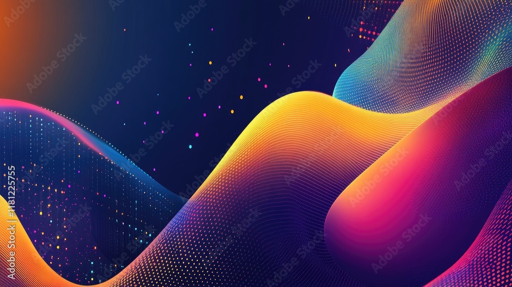 Fototapete A futuristic depiction of floating glowing grids merging with colorful data streams. Copy space.