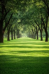 Obraz premium Serene Green Tree Lined Path Peaceful Summer Sunlight Nature Scene