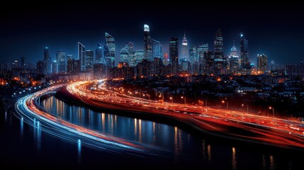 Obraz premium Night cityscape with highway light trails.