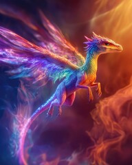 Fototapeta premium A vibrant, mythical dragon with colorful wings soaring through a fiery background.