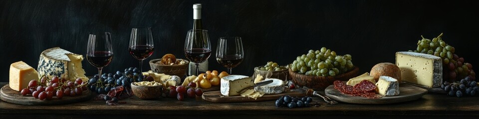 Naklejka premium Still life of wine, cheese, and grapes on wooden table.