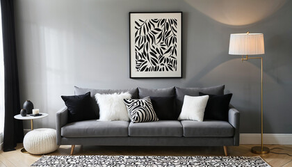 living room with grey couch and modern stand lamp