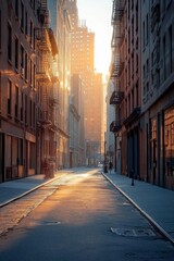 Obraz premium A serene urban street bathed in golden morning light.