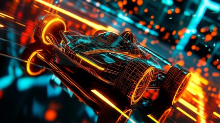 Fototapeta premium digital mesh racecar, lava orange illumination, electric cyan reflections, amber light orbs, noir background, technological motion streaks, futuristic energy effects, neon atmosphere