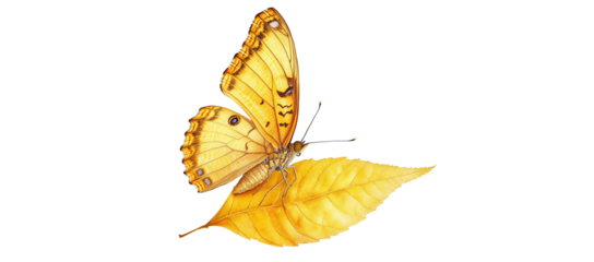 A yellow butterfly rests on a yellow leaf against a white background