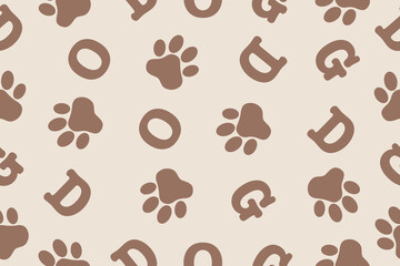 Seamless pattern of animal paw prints. Background of the word dog and a paw print. Seamless pattern in mocha mousse color. Vector. 