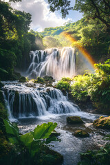 Enchanting Tropical Waterfall with Rainbow Amidst Lush Greenery and Mist