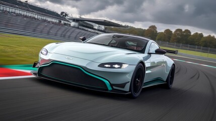 Fototapeta premium motorsport driver perspective, pure white aerodynamics, maroon racing accents, midnight black safety features, platinum mirror finish, speed motion capture, turquoise track markings, amber