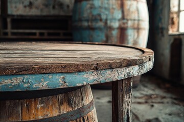 Rustic wooden barrel table in abandoned warehouse