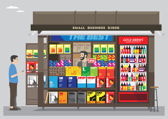 an open small box kiosk street shop with magazines, drinks, candies and other items