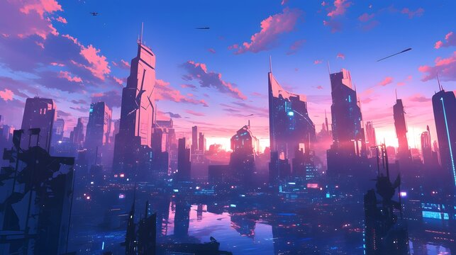 Futuristic high-tech cityscape with sleek buildings and glowing lights
