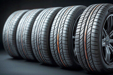 Car tires with a modern tread pattern mounted on disks. Repair and maintenance. Modern materials, wear resistance, improved grip.