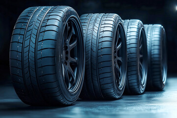 Demonstration of new tire models in a store, car dealership or exhibition. Switching from summer to winter tires or vice versa. Quality characteristics and durability of the product.