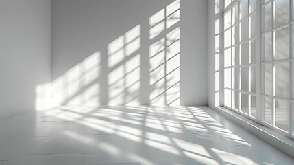 Empty interior space illuminated by bright sunlight streaming through large windows, casting intricate shadows