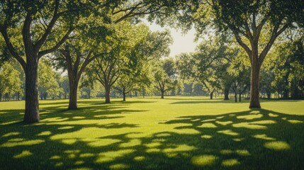Obraz premium Sunlit park with large trees casting shadows on green grass.