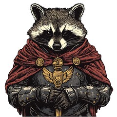 A raccoon dressed as a Roman soldier.