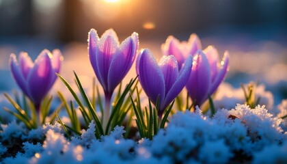 Frost-kissed crocuses emerge from the snow, bathed in the golden light of sunrise. A breathtaking...