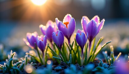 Vibrant purple crocuses bathed in the warm glow of sunrise. Delicate petals glisten with morning dew, a breathtaking display of spring's arrival.