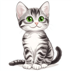 Fototapeta premium American Shorthair cat clipart, a cute gray and white American Shorthair kitten with green eyes sitting on the floor, transparent background