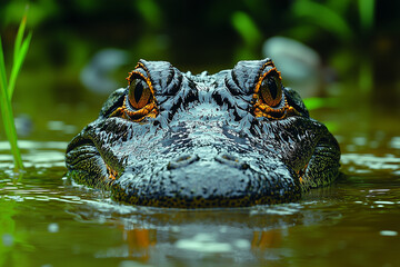 Obraz premium A dramatic moment of a crocodile lying low in the river, highlighting its stealth and power in the natural habitat of the river environment.