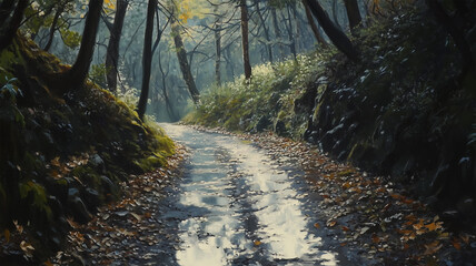 Obraz premium 雨上がりの山道に光が反射する静かな風景