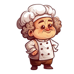 Obraz premium Cartoon chef with white hat, apron, and brown pants stands with hands on hips.