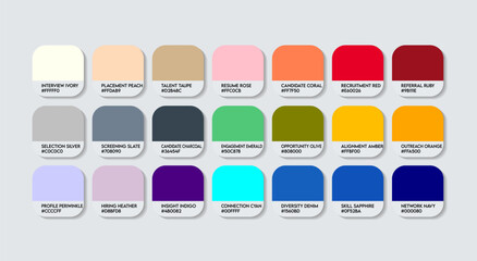 Recruiter Color Guide Palette with Color Names. Catalog Sample Recruiters with RGB HEX codes and Names. Colors Palette, New Recruiter Color Palette, Fashion Trend Recruiter Color Palette 2026