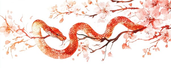 Obraz premium Happy Chinese New Year 2025,Year of the snake zodiac sign,Snake illustration and design,Asian elements gold paper cut style,Lunar new year concept,New Year card 2025.