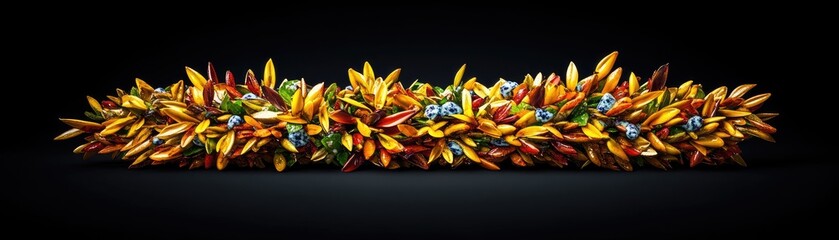 A vibrant arrangement of colorful leaves and flowers against a dark background.