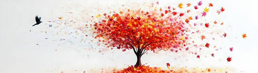 Obraz premium 3D painting of a red maple tree with colorful leaves and flying birds on a white background