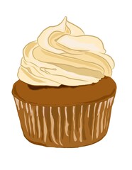 Hand drawn illustration of a cupcake with whipped cream on a white background