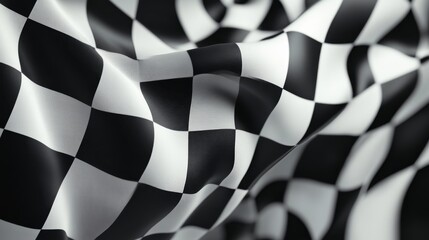motorsport victory flag, flowing checker pattern, detailed fabric movement, racing finish line symbol, dynamic wind effect, sharp black and white contrast, diagonal composition, smooth material