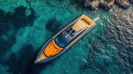 Aerial view of a luxury motorboat cruising on turquoise water near a rocky shore.