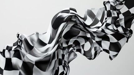 floating race banner, intricate checker design, soft fabric ripples, dynamic victory symbol, detailed cloth texture, elegant monochrome pattern, fluid movement capture, dramatic shadow detail,
